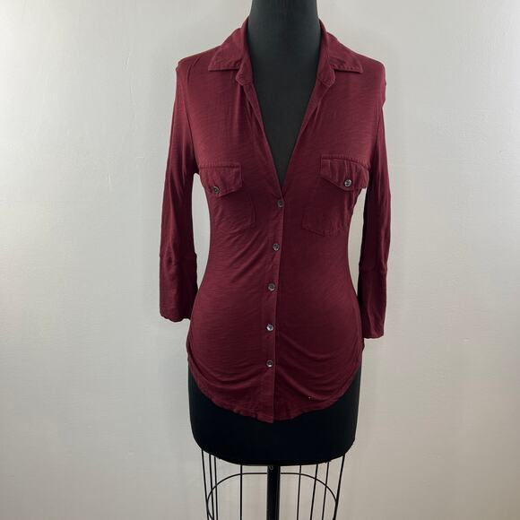 JAMES PERSE Burgundy 1 Panel Top Cotton Button-Up Collar 3/4 Sleeve Flap Pockets - Picture 2 of 9